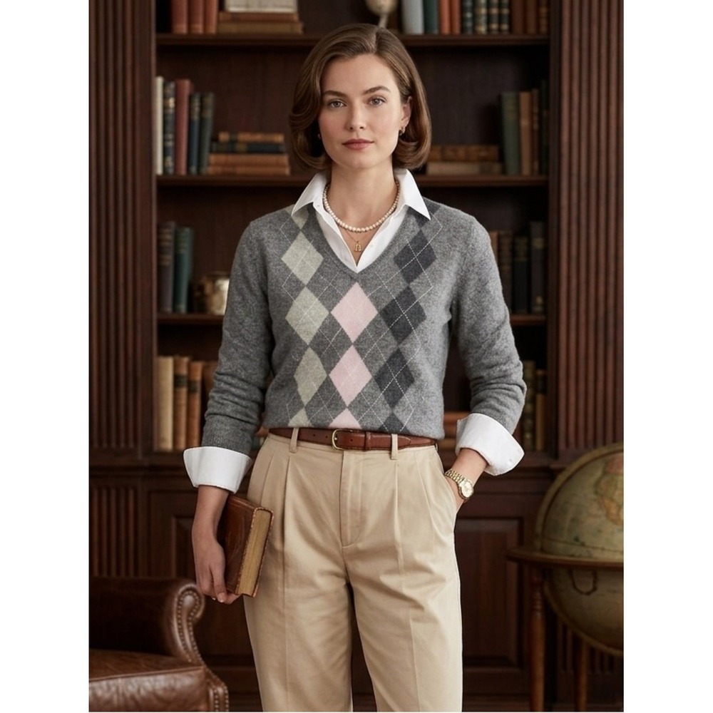 Apt 9 Gray Argyle 100% Cashmere V-Neck Sweater XL Preppy Quiet Luxury Minimalist